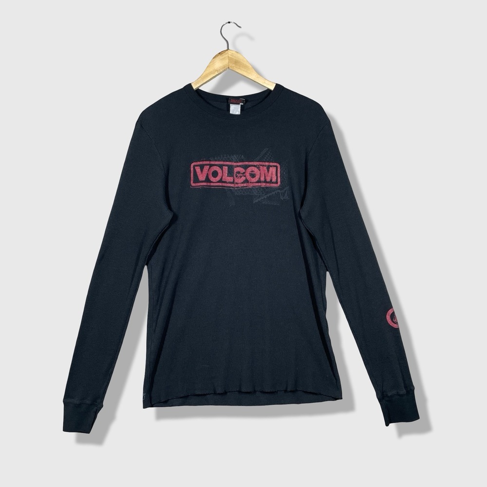 Volcom Waffle Thermal Shirt Mens XL Black Red Skate Surf Goth Grunge 2000s Y2K